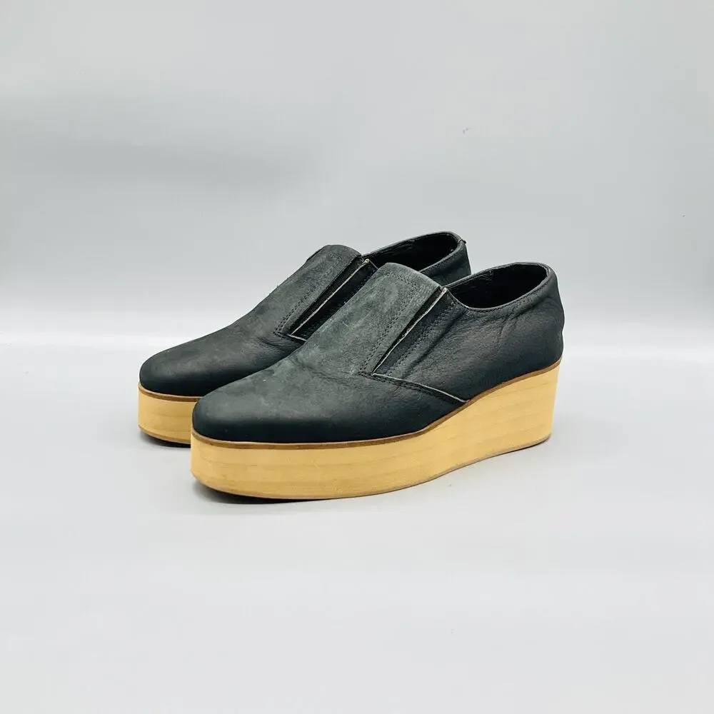 Surface To Air Shoes Womens 7.5 Black Leather Platform Wedge Creeper Flatbush